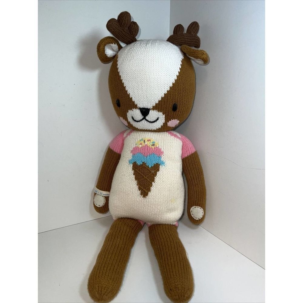 Plush Brown Deer Knit Stuffed Animal with Pink Accents